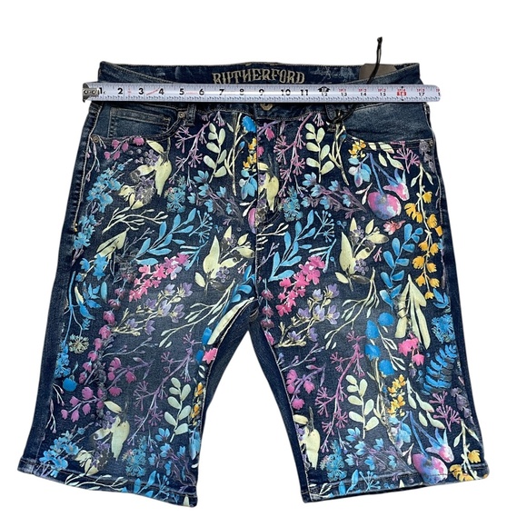 Rutherford Shorts Unisex Mens Size 34 Blue Denim Floral Streetware NWT - Picture 12 of 16